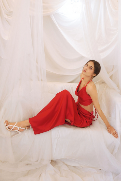 Luxe drape silk knotted slit skirt