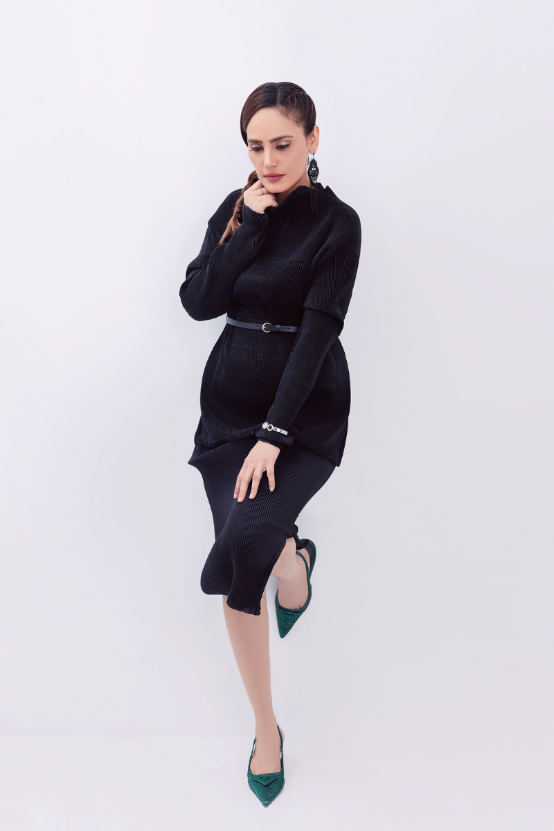 Black Facade Pleated Co-ord set