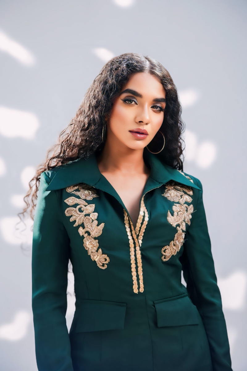 Rococo Fusion emerald green tailored co-ord set with gold embroidery