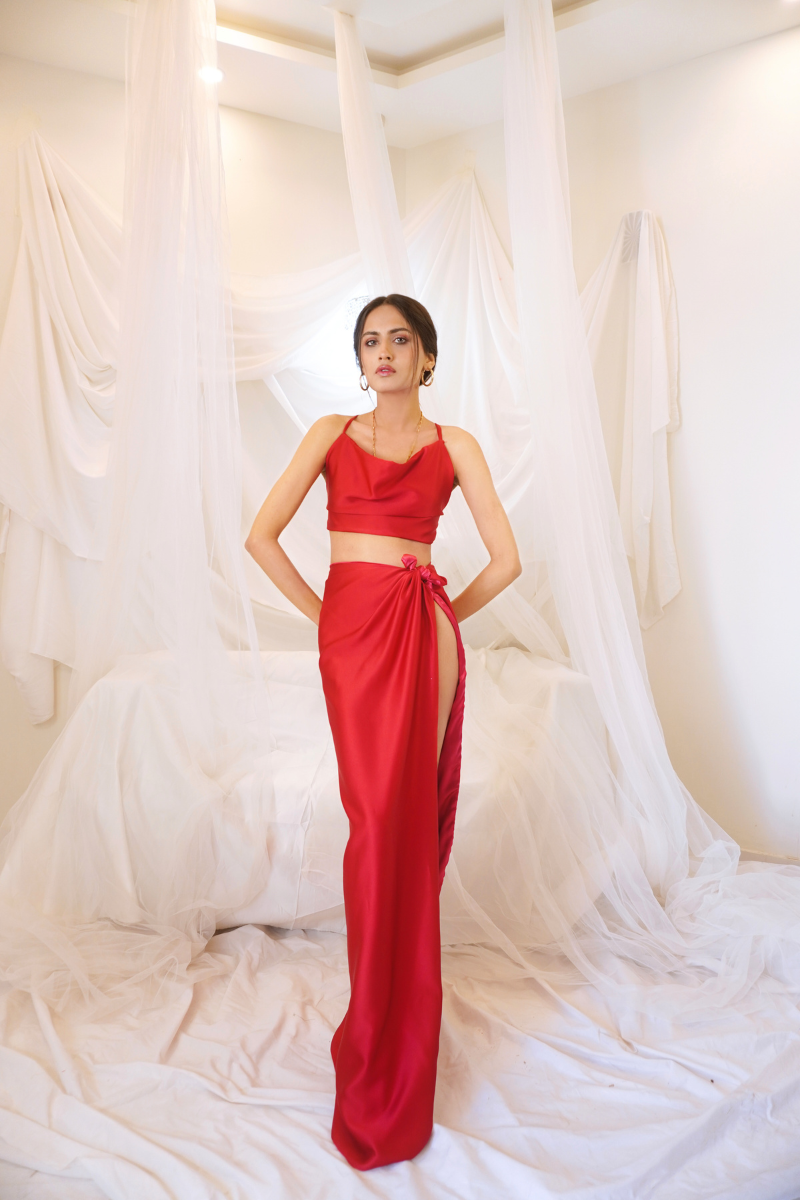 Luxe drape silk knotted slit skirt