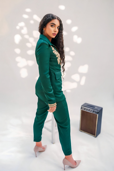 Rococo Fusion emerald green tailored co-ord set with gold embroidery